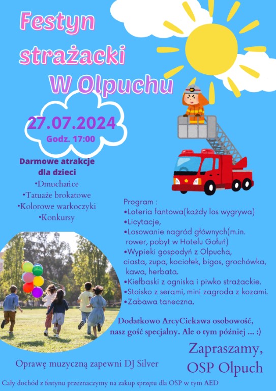 W Olpuchu, w gminie Stara Kiszewa, odbędzie się jutro (27.07.) festyn strażacki. Dochód będzie przeznaczony na zakup sprzętu dla tutejszego OSP