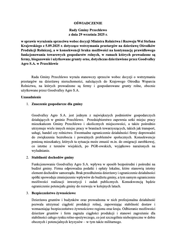 Rada Gminy Przechlewo jednogłośnie przyjęła oświadczenie wspierające firmę Goodvalley. I to pomimo krytyki rolników